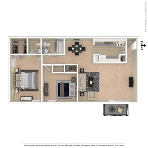 Floor plan for 2 beds, 1.5 baths, 775 sqft